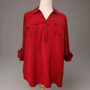 Maggie Barnes For Catherine’s Blouse 1XL Red Patterned Tunic Roll Tab Sleeve